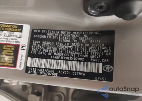 2014 Toyota Camry Le из США, поврежденный, VIN 4T4BF1FK0ER407002